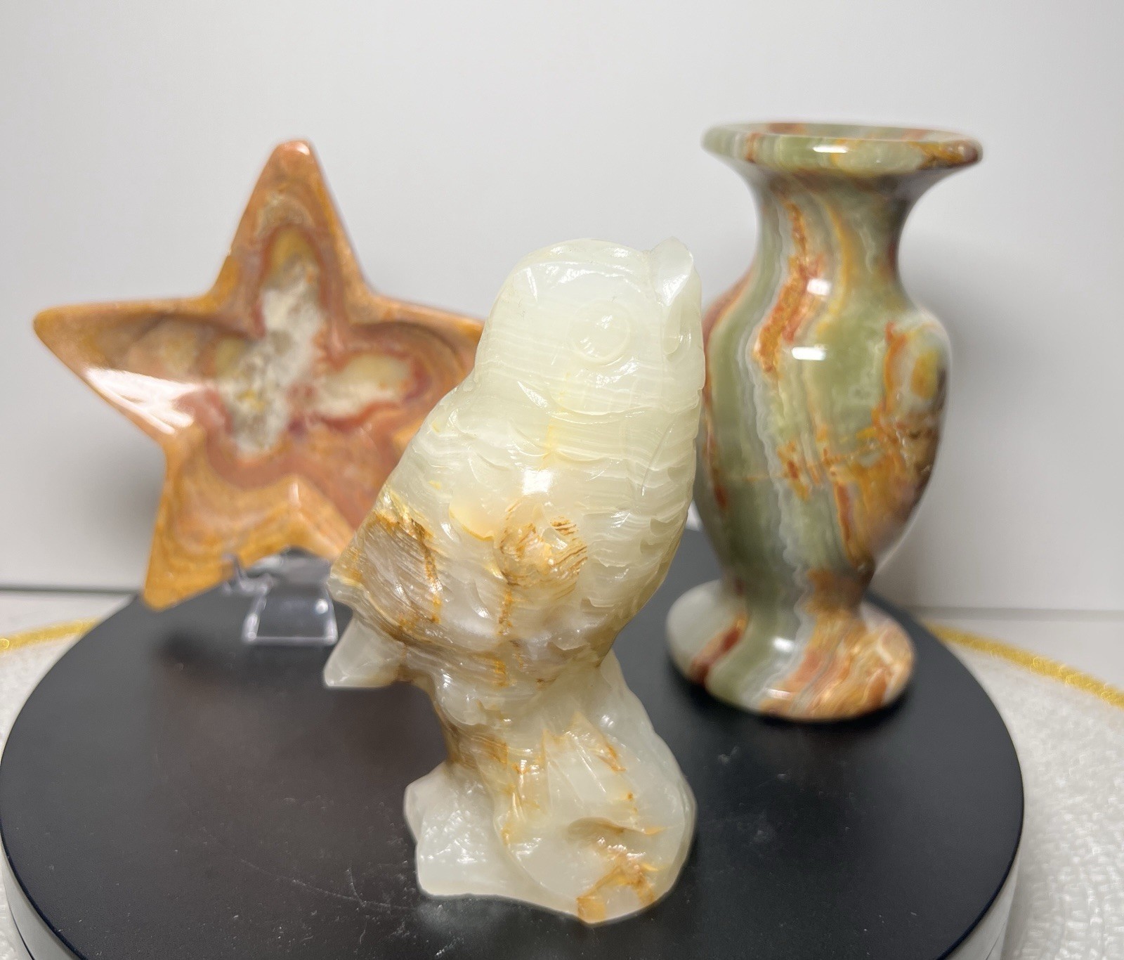 White & Green Calcite 3 Piece Set – Vase, Owl, & Star – see description for info