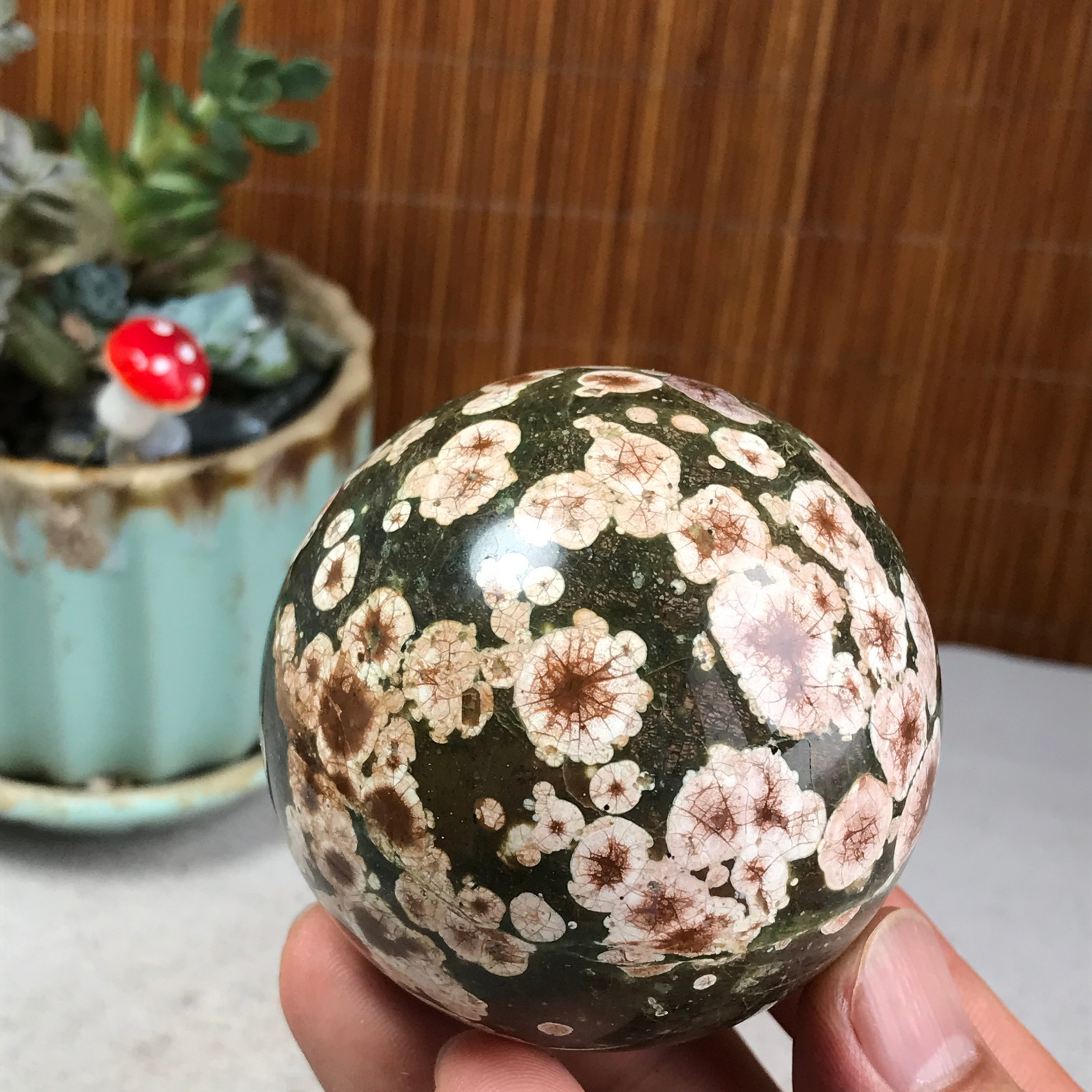 61mm Natural Green Plum Blossom Jade sphere ball Crystal specimens 310g A6234