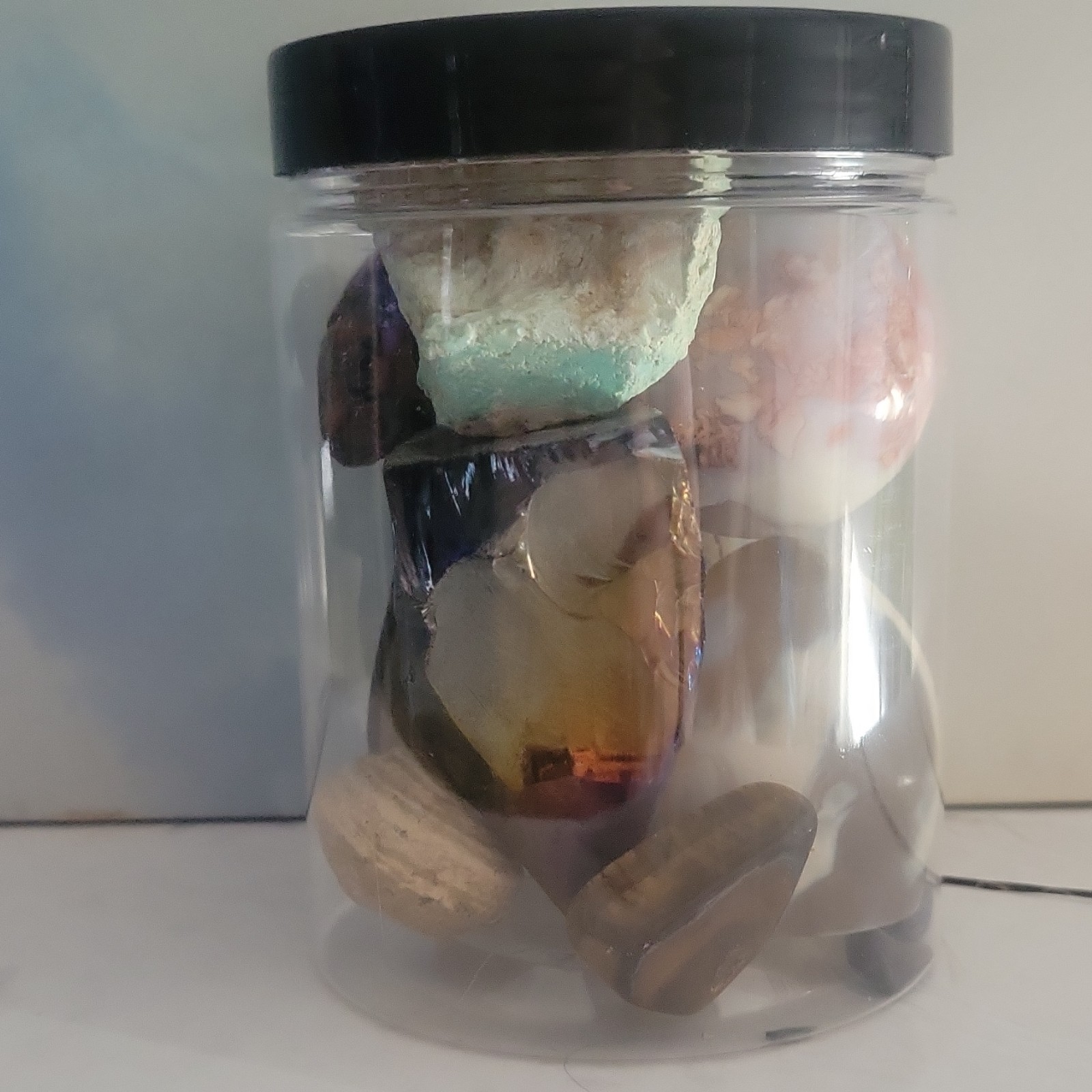 Jar Lot Mixed Assorted Tumbled Stones & Crystals, Rough Mineral Specimen, Lid