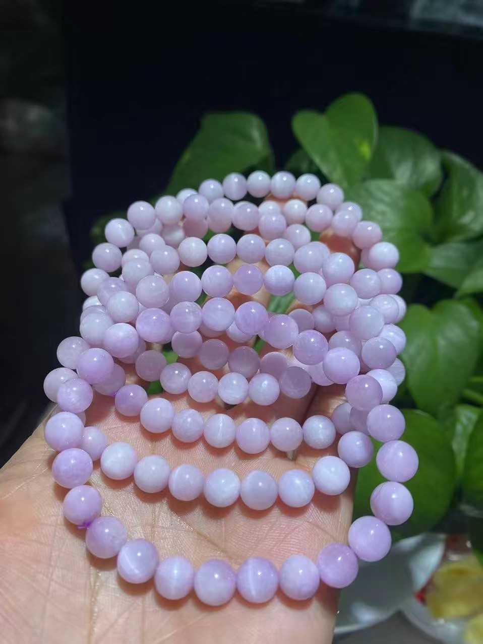 7mm Natural Purple Kunzite Crystal Round Cat’s Eye Beads Bracelet 1pc