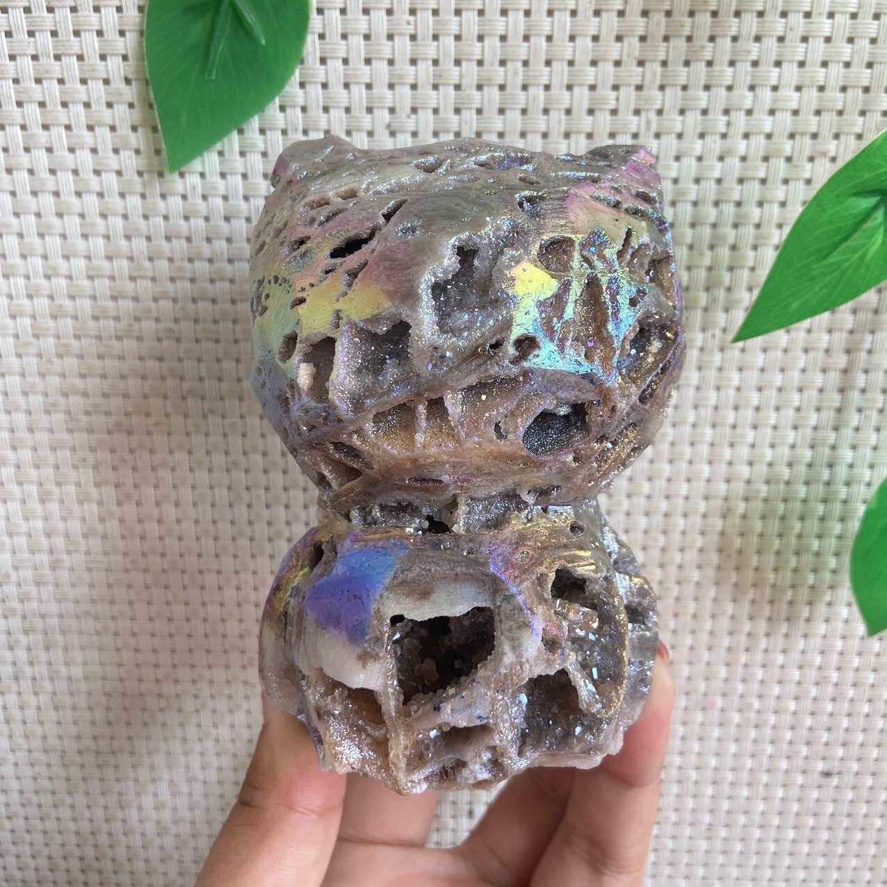 480g Titanium Angel Aura Sphalerite Stone Hello Kitty Carving Crystal Specimen