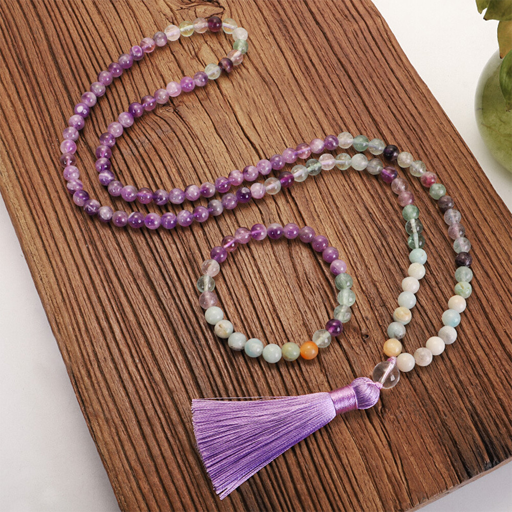 8mm Natural Rainbow Fluorite Amethyst Gemstone 108 Beads Mala Necklace Bracelet