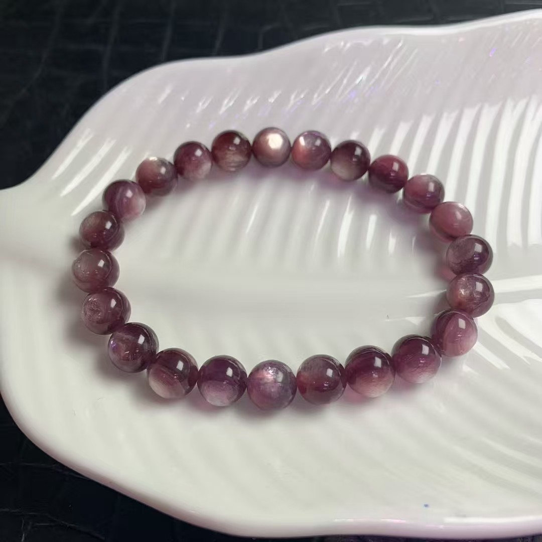 7-8mm Natural Purplelepidolite Crystal Round Cat’s Eye Beads Bracelet 1pc