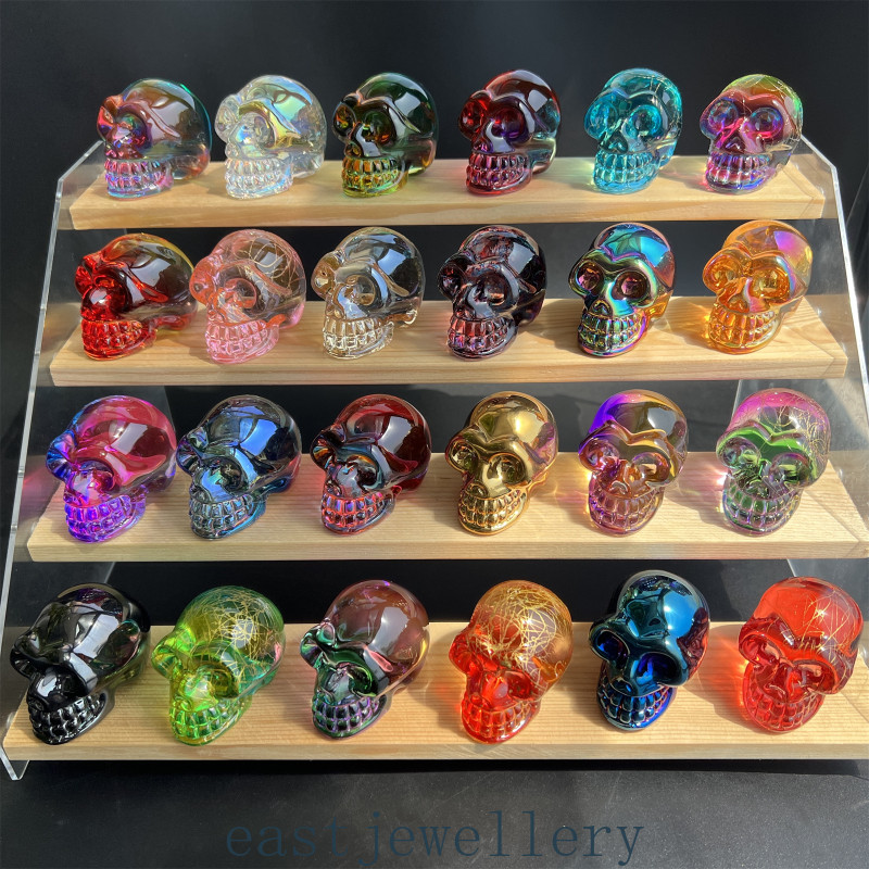 Wholesale Rainbow Titanium melting Quartz carved skull crystal reiki healing 2″