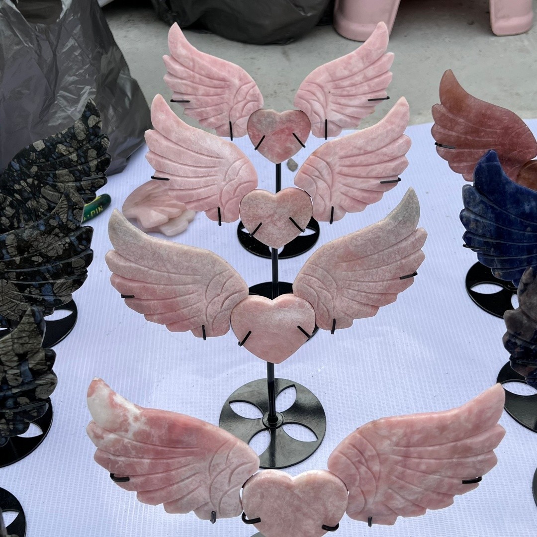 Natural Pink opal Angel of Love wings skull quartz crystal A set Random+ Stand