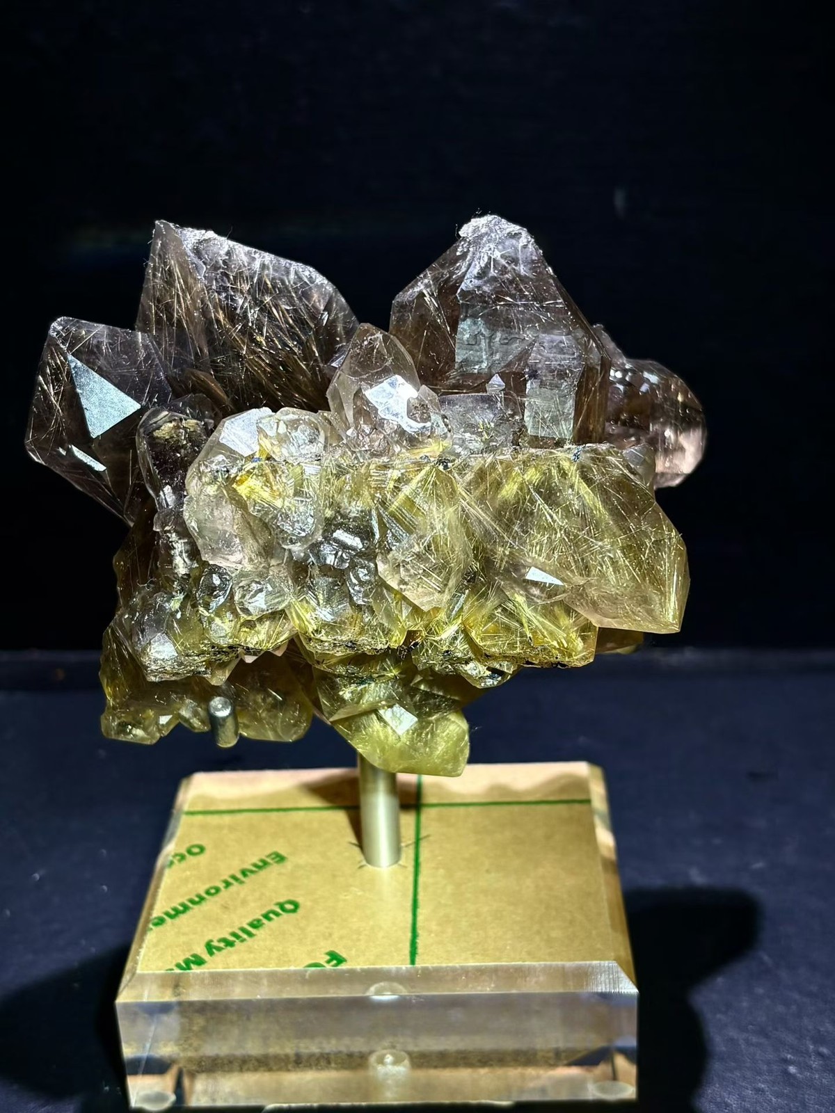 2.9LB Top！Natural Gold Rutilated Crystal Cluster Quartz Mineral Specimen+stand