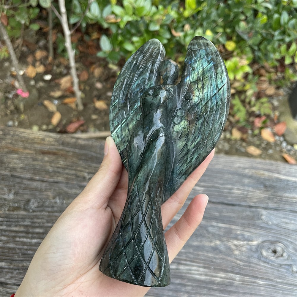 0.7LB 5.9″Natural Labradorite Angel Statue Crystal Heal Carving Energy Decor