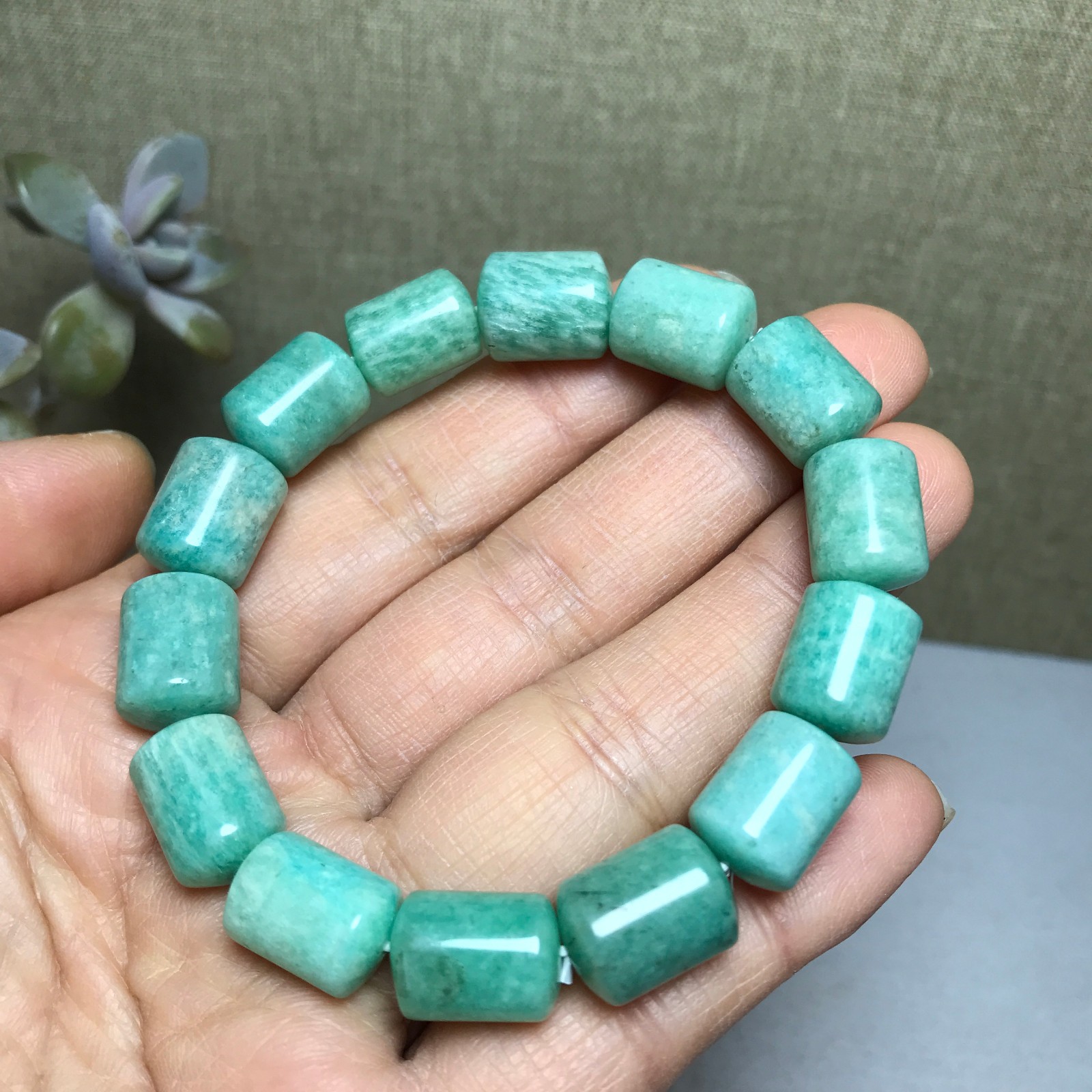 Rare Natural amazonite gemstone Crystal chain barrel beads bracelet 37g A3011
