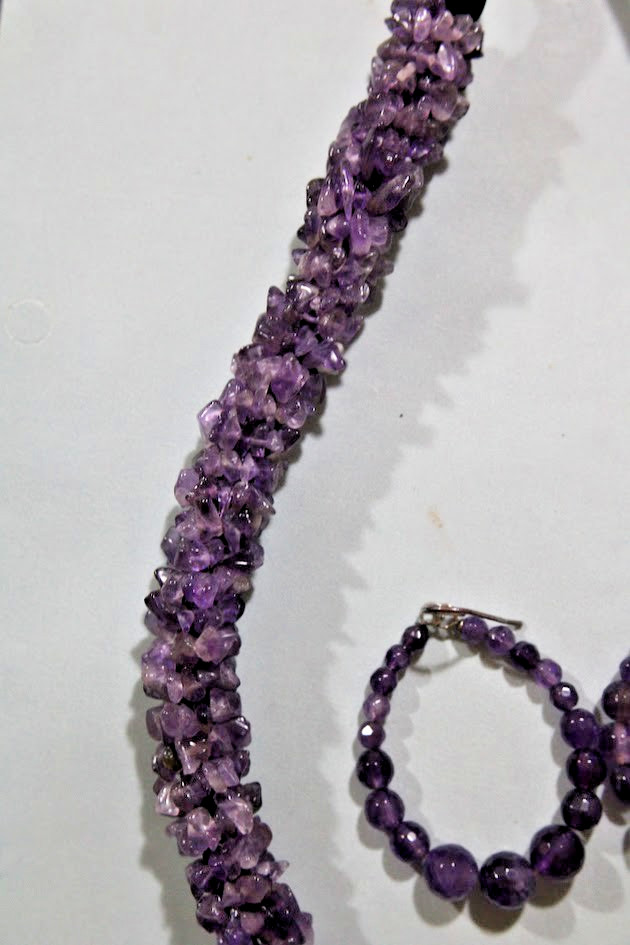 Vintage Natural Amethyst Chip Statement Necklace Bracelet Hoop Earrings Jewelry