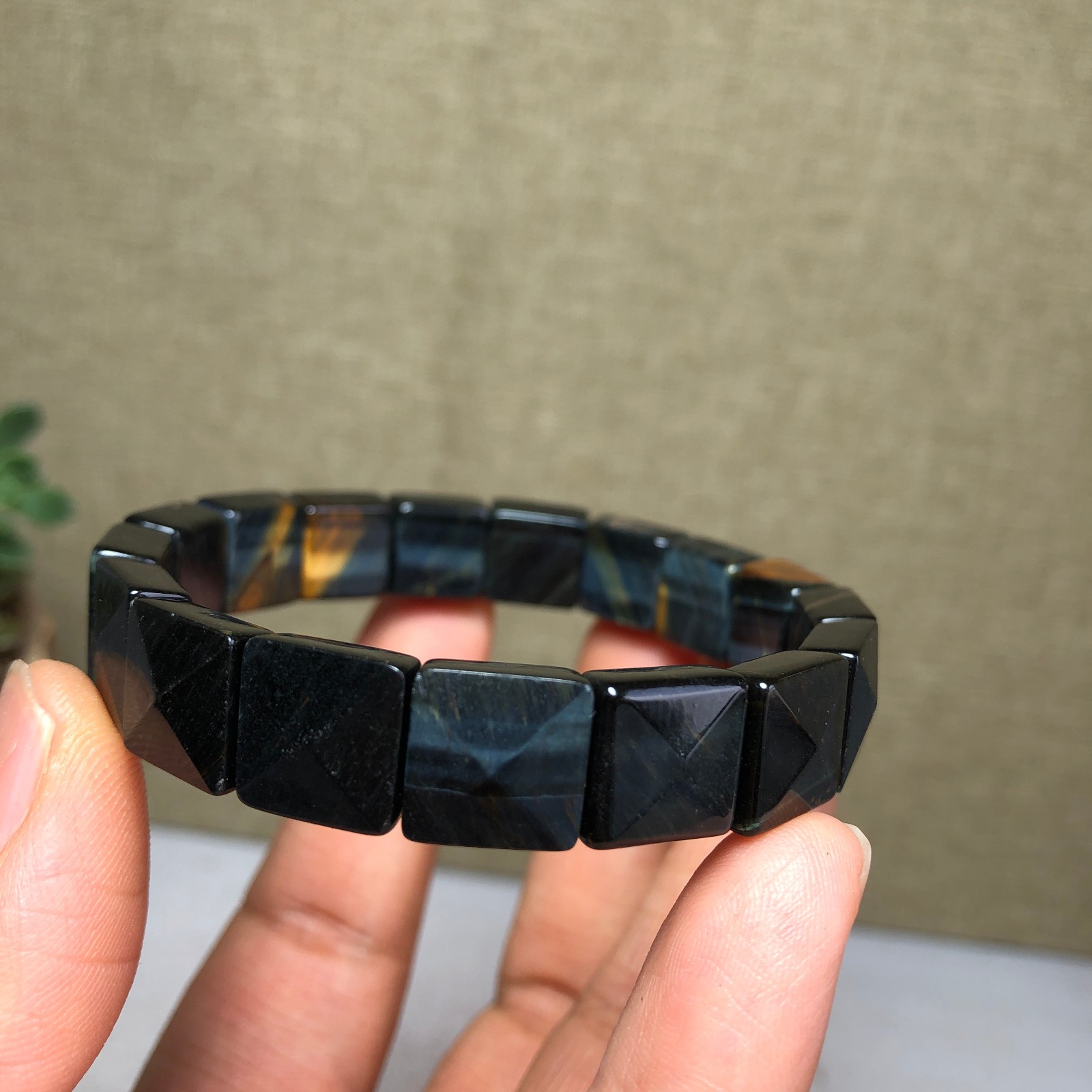 Rare Natural yellow blue tiger eye Crystal chain aspect beads bracelet 27g A4758