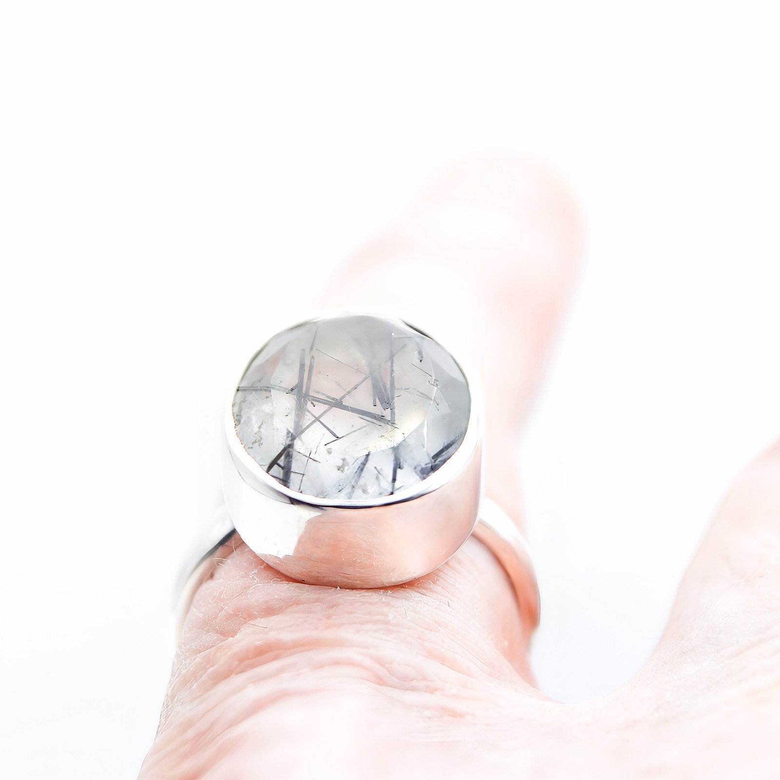 Black Tourmaline Quartz Sterling Silver Ring Natural Crystal UK Size P US Size 8