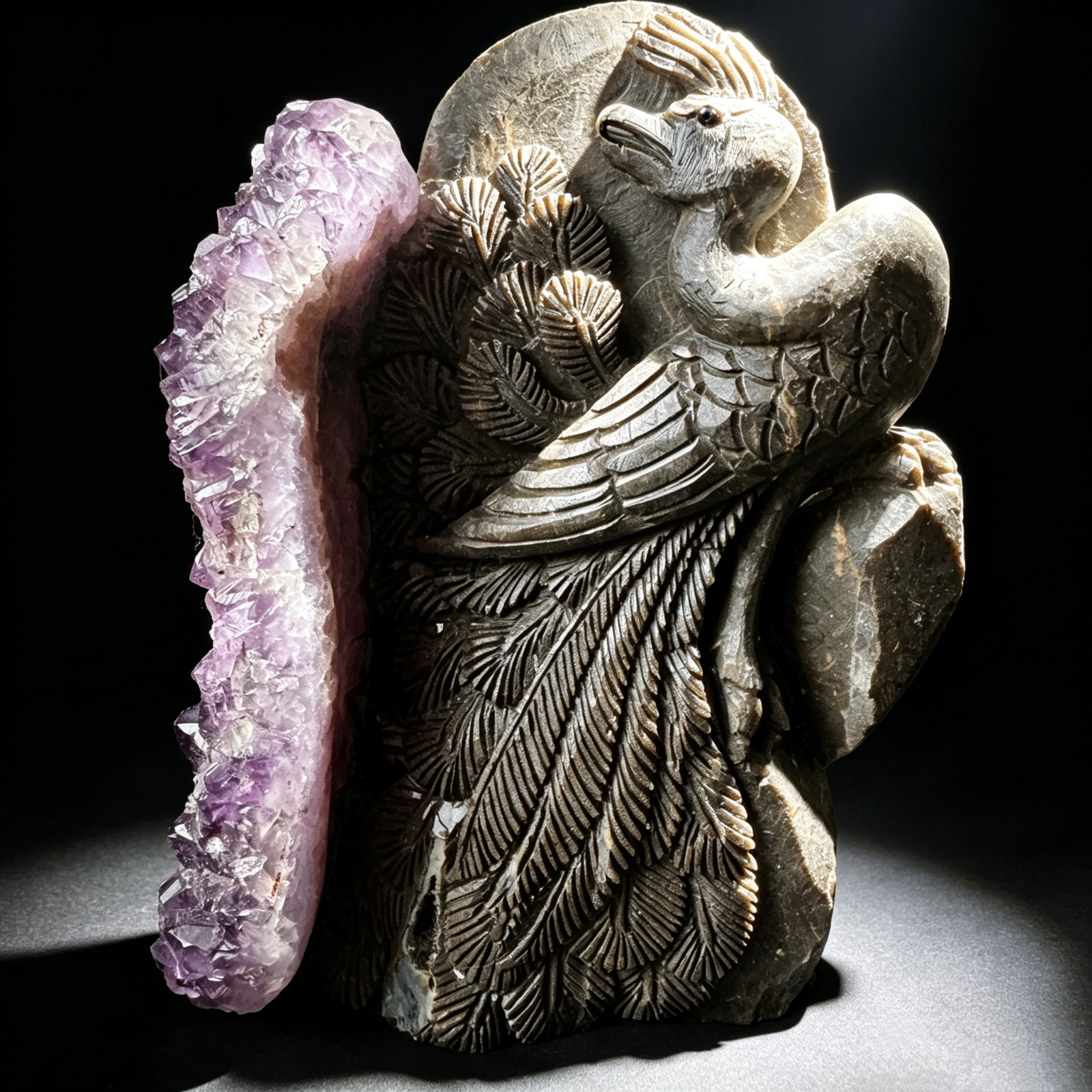 Hand Carved Natural Amethyst Cluster Peacock Sculpture | office desk luxury Gift