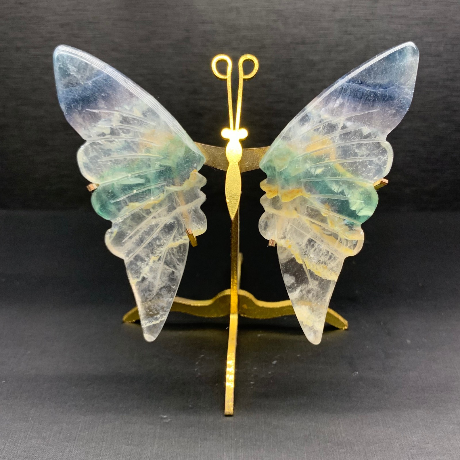 100G Natural Crystal Fluorite Butterfly Wings Healing Statue Decor + Stand
