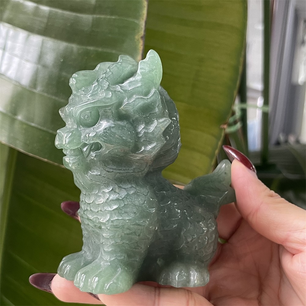 0.8LB 3.7″Natural Green Aventurine Qilin Hand Carved Crystal Mineral Figurine