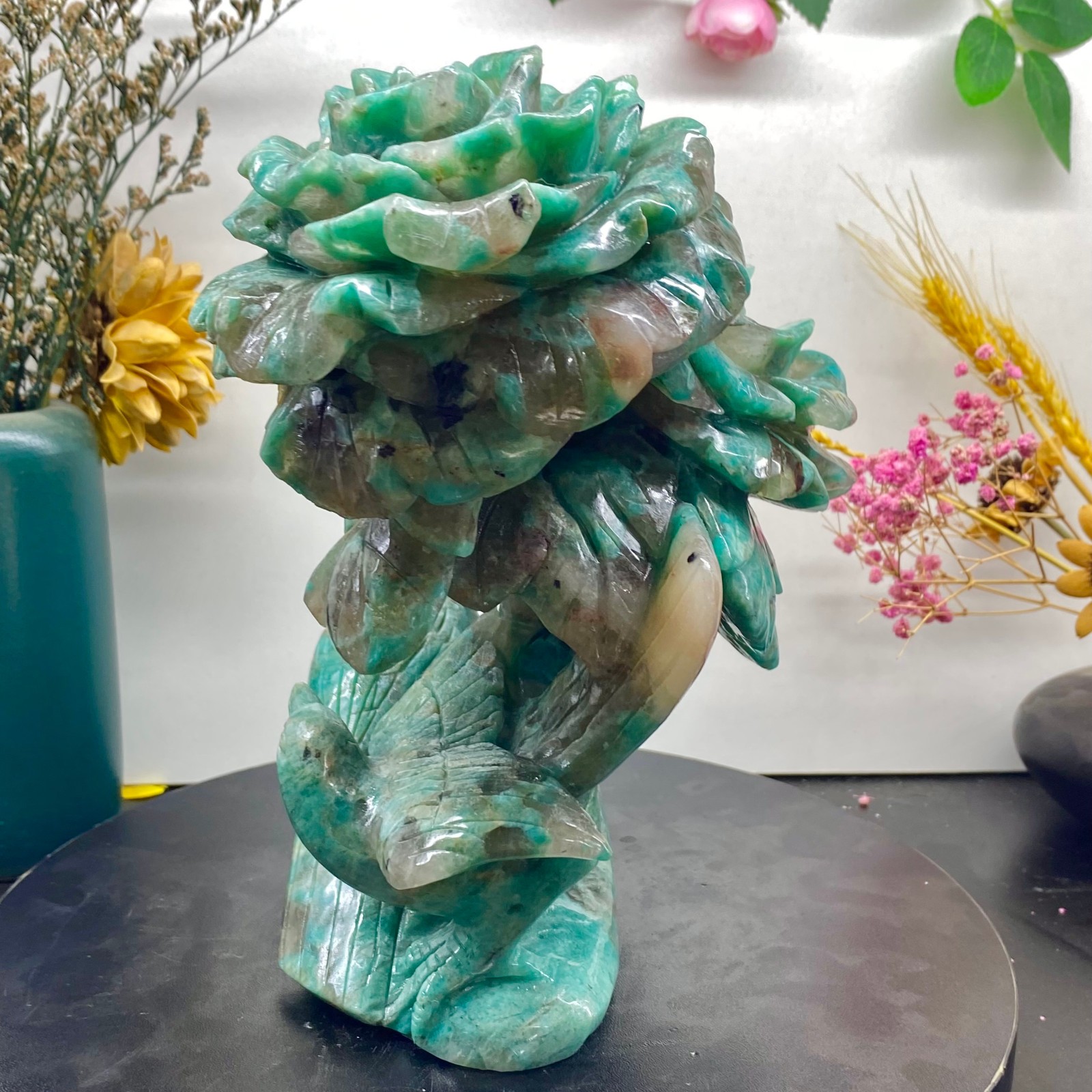 6.4LB Natural jade carvings flowers birds magpies crystal spiritual energy