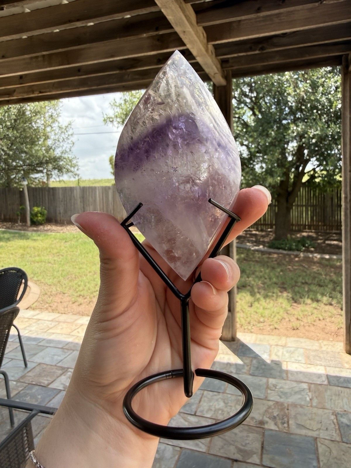 6 1/2in. High Grade Quality Phantom Amethyst Quartz Flame Drop Crystal On Stand