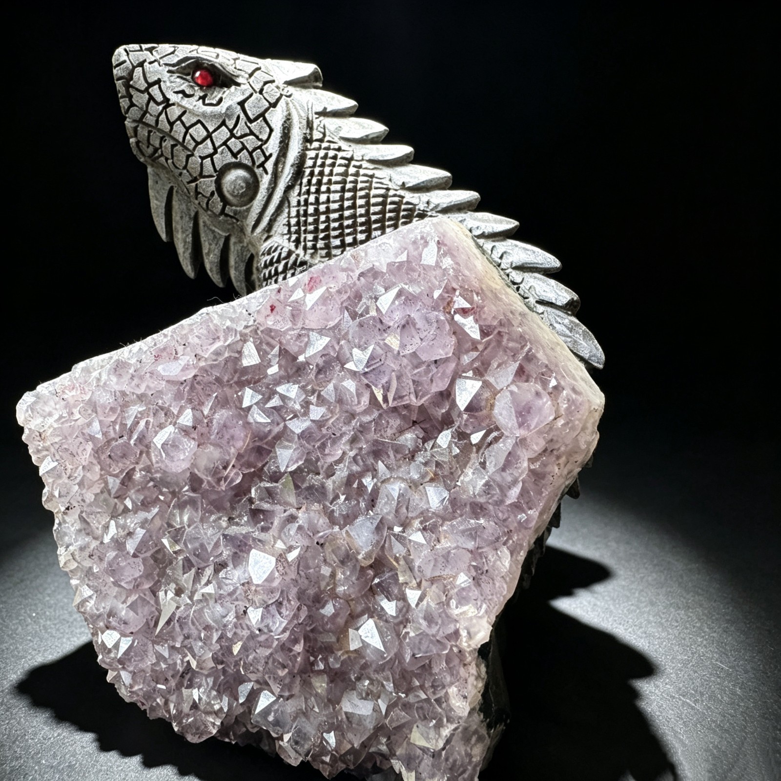 Hand Carved Amethyst Cluster Lizard Figurine Natural Crystal Reptile Sculpture
