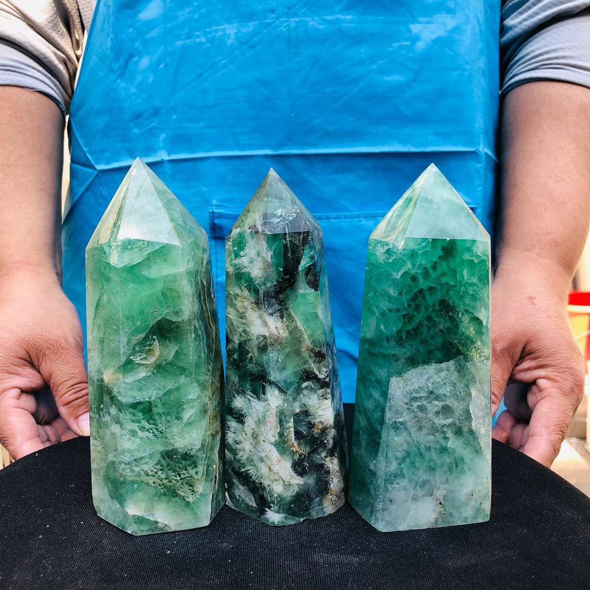 5.25LB 3pc Natural fluorite quartz obelisk crystal tower point healing decor