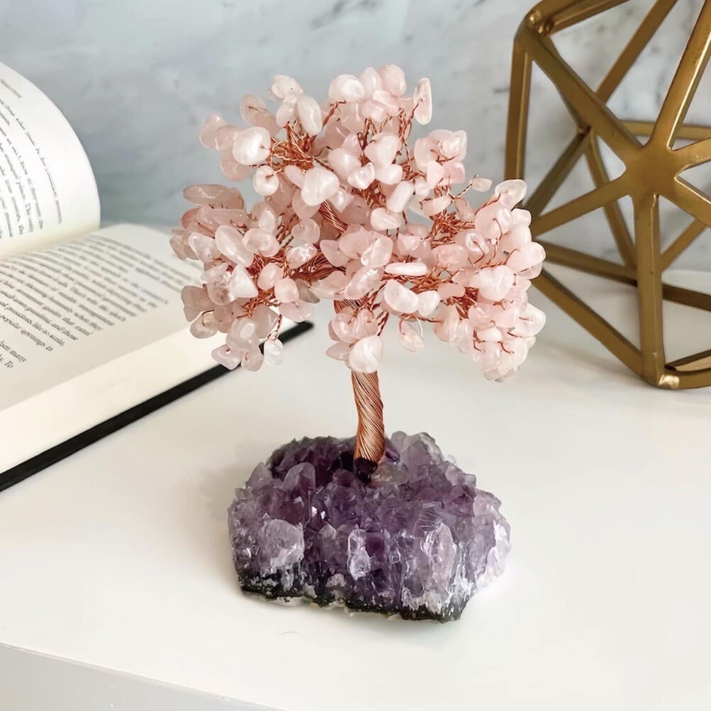 Handmade Rose Quartz Tree of Life on Amethyst Geode Base Fortune Tree Home Decor