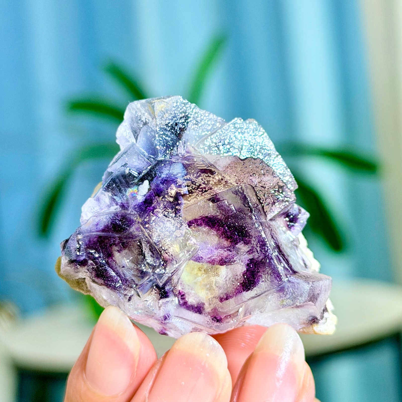 68G Rare Transparent Purple Cubic Fluorite with Calcite Crystal Mineral Sample