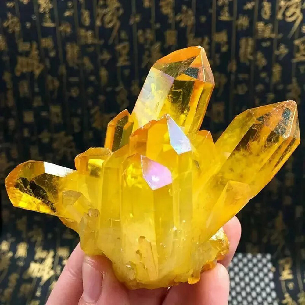 Natural Aura Yellow Citrine Crystal Titanium Cluster Healing Mineral Specimen US