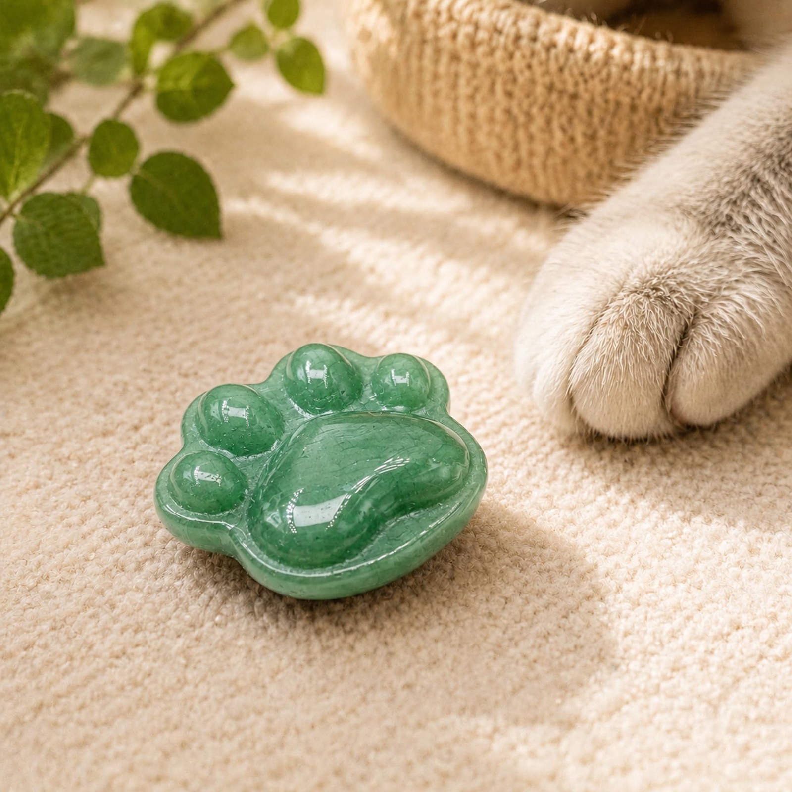 1.6 Inch Green Aventurine Cat Paw Worry Stone, Healing Crystal Palm Stone