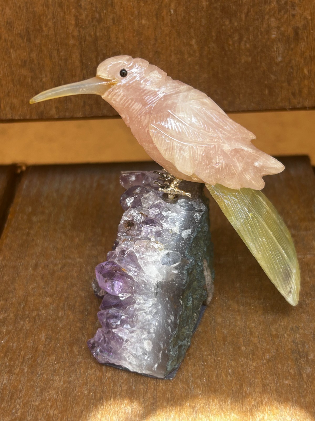 Beautiful Rose Quartz Hand Carved Hummingbird on Amethyst Crystal Base 3.5″ Long