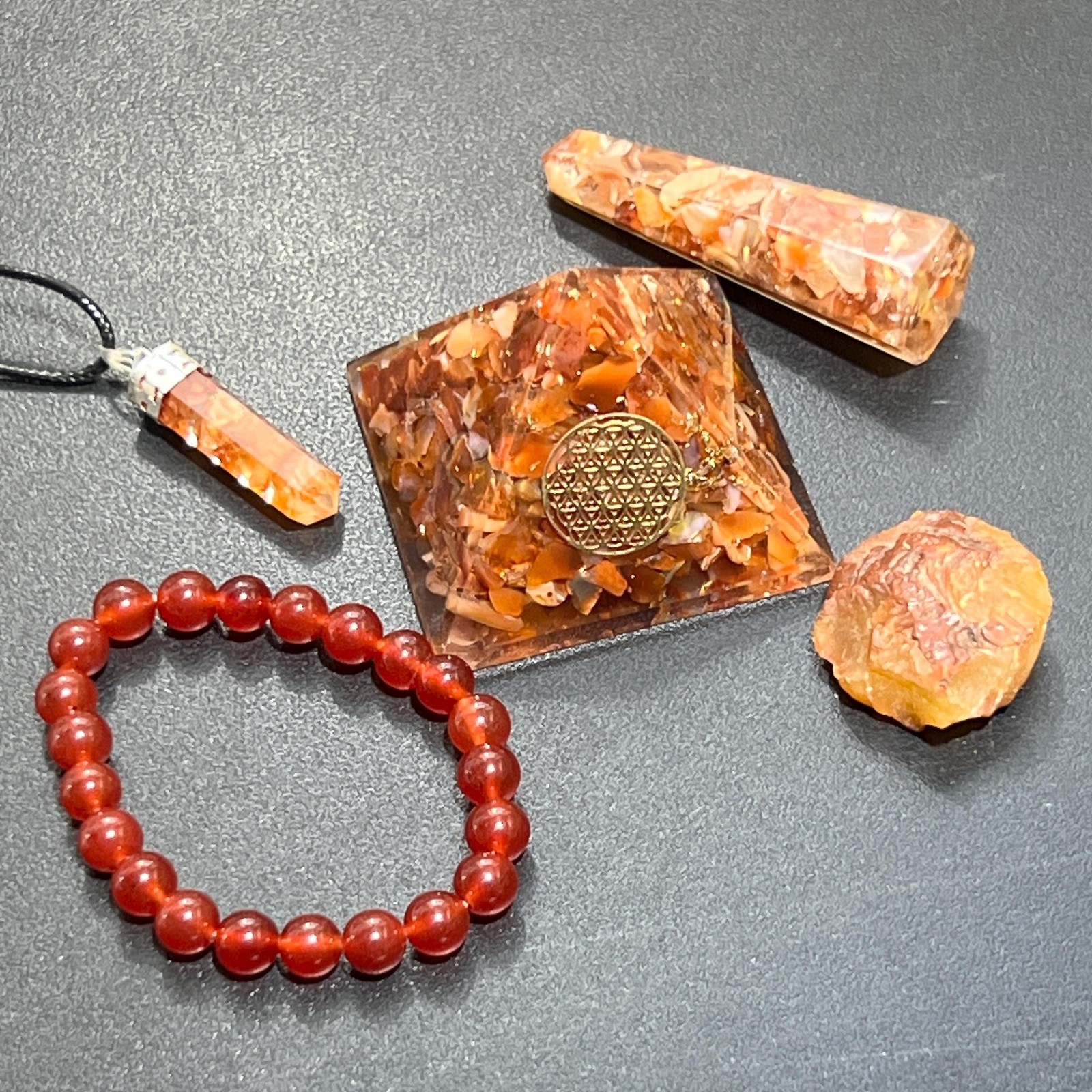 Orgone Pyramid Gift Set (5 Pieces) Red Carnelian Crystal Resin Reiki Chakra