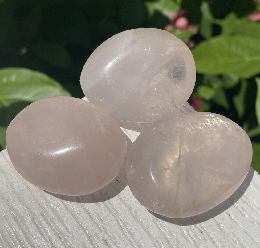 3 PCS LOT Handmade Polished PINK ROSE QUARTZ Crystal Palm Stones MADAGASCAR