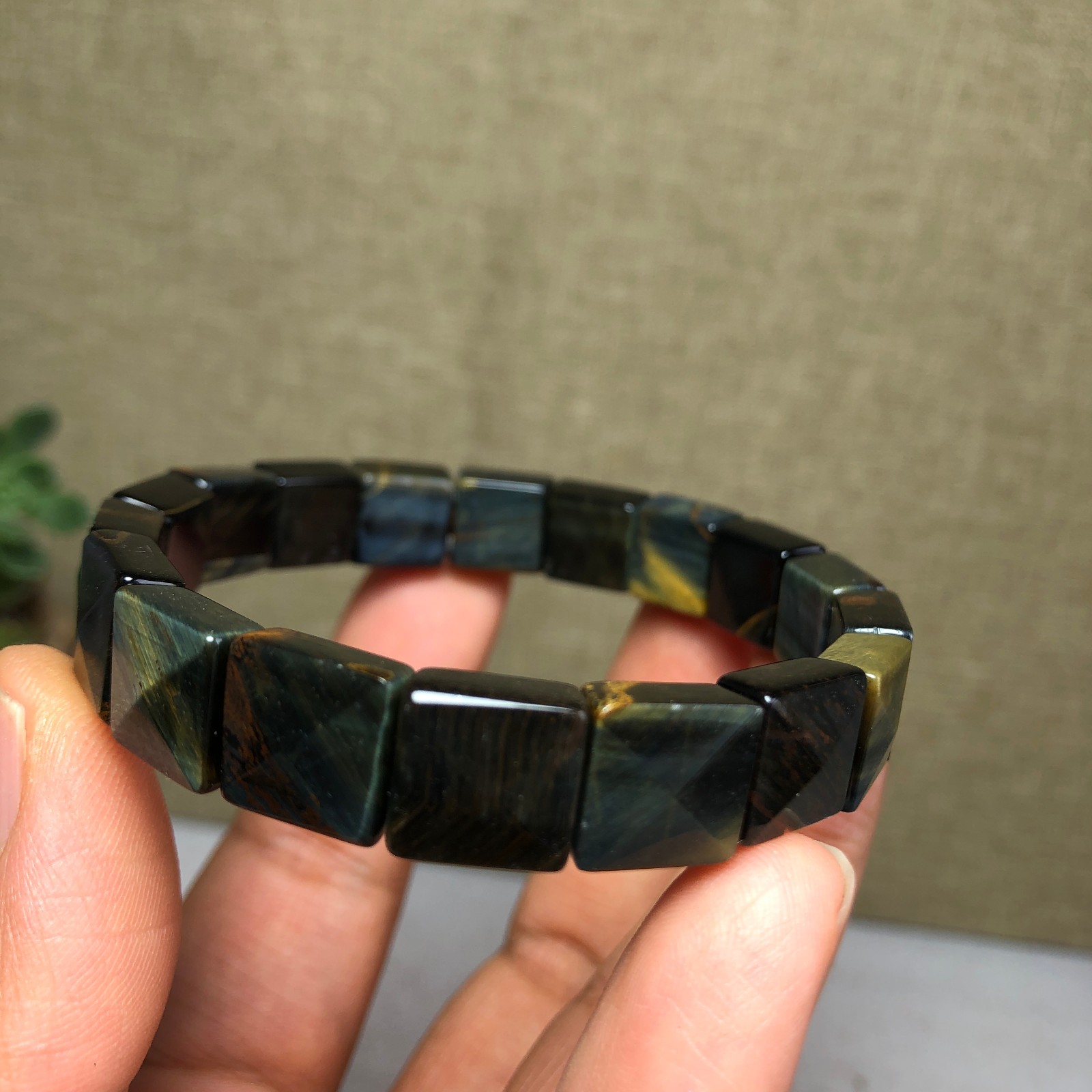 Rare Natural yellow blue tiger eye Crystal chain aspect beads bracelet 26g A4757