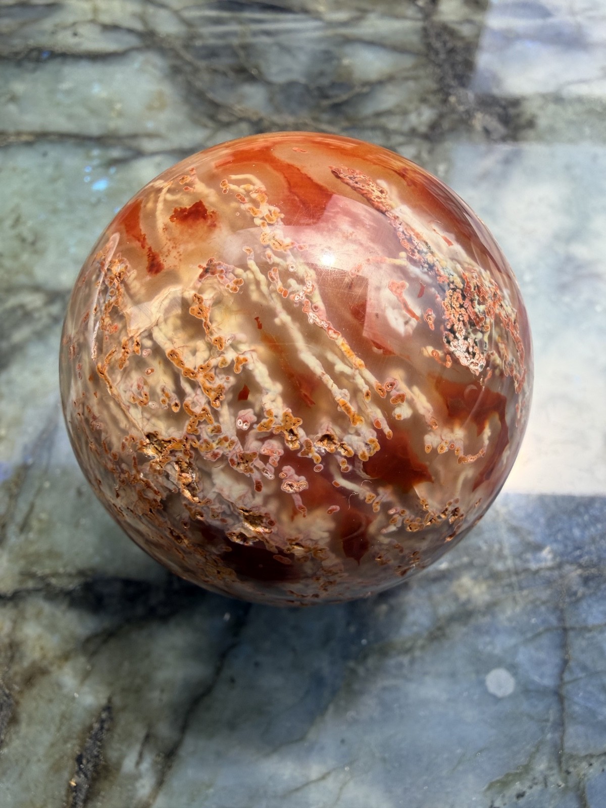 Beautiful Carnelian Moss Agate Sphere | Collector’s Piece | 2.68″