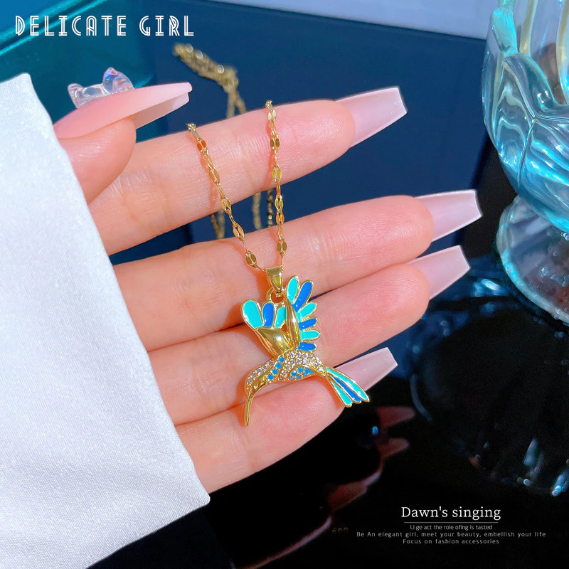 Women’s Fashion Jewelry Gold Cubic Zircon Blue Hummingbird Pendant Necklace 1PC