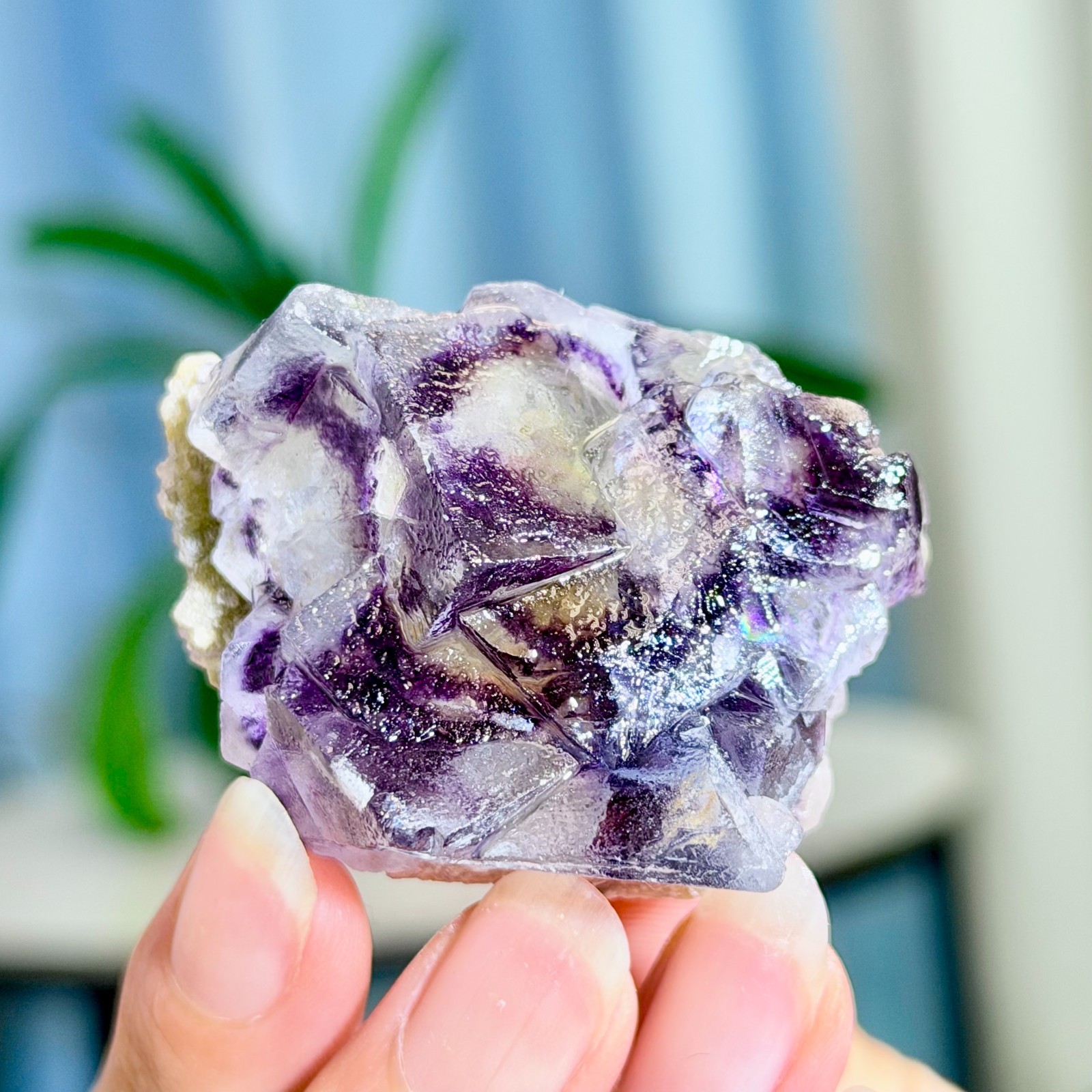 68G Rare Transparent Purple Cubic Fluorite with Calcite Crystal Mineral Sample