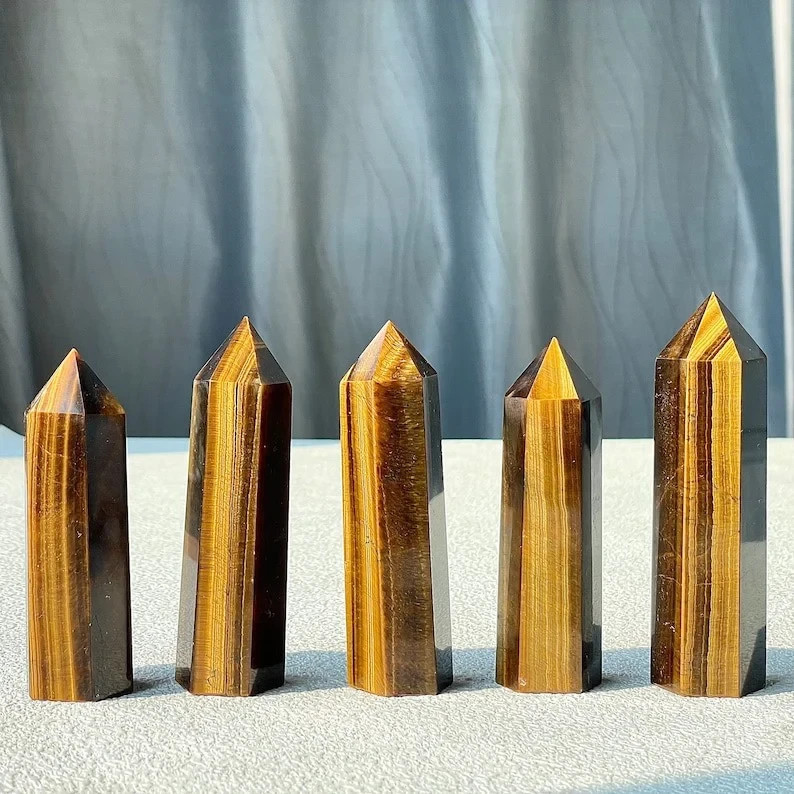 1PC Tiger Eye Tower Obelisk Point Wand Golden Crystal Healing Protection Wealth
