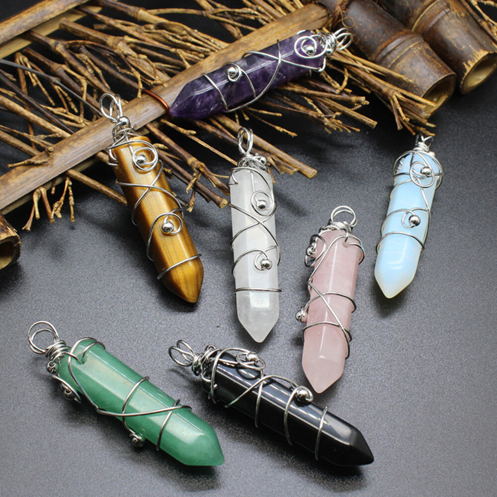Chakra Wire Wrapped Crystal Point Pendant Quartz Natural Gemstone Healing Reiki