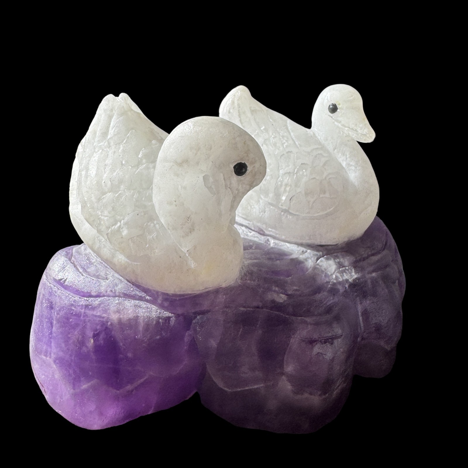 441gTwin Swan Amethyst Sculpture: Soulmate Talisman Carved from Peaceful Stone