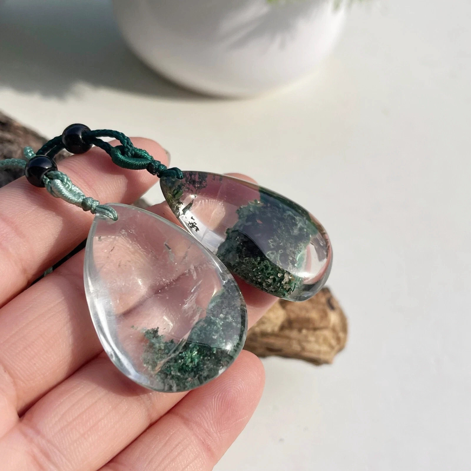 2pcs Natural Ghost Phantom Quartz Crystal Pendant Necklace Chakra Healing Rock