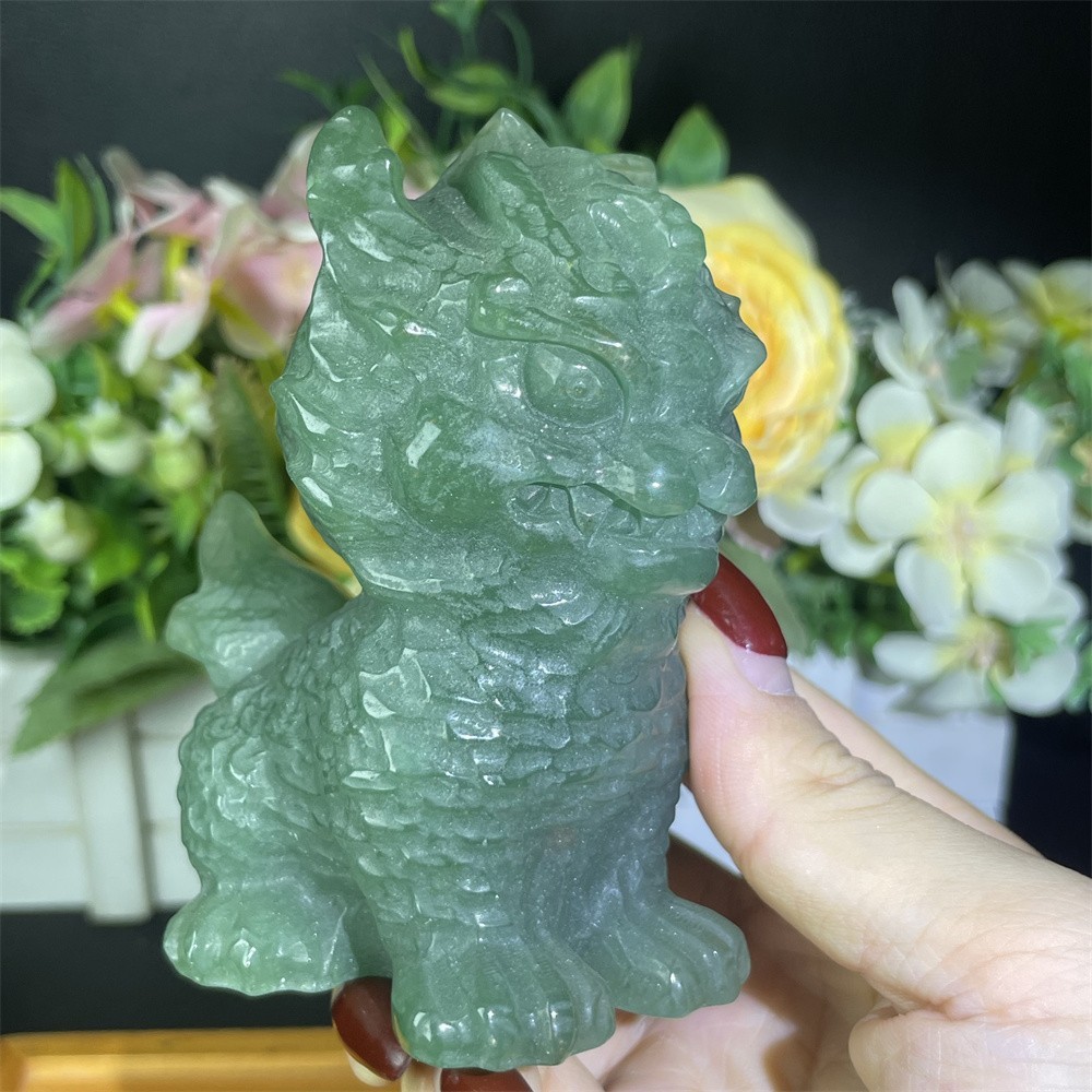 0.8LB 3.7″Natural Green Aventurine Qilin Hand Carved Crystal Mineral Figurine
