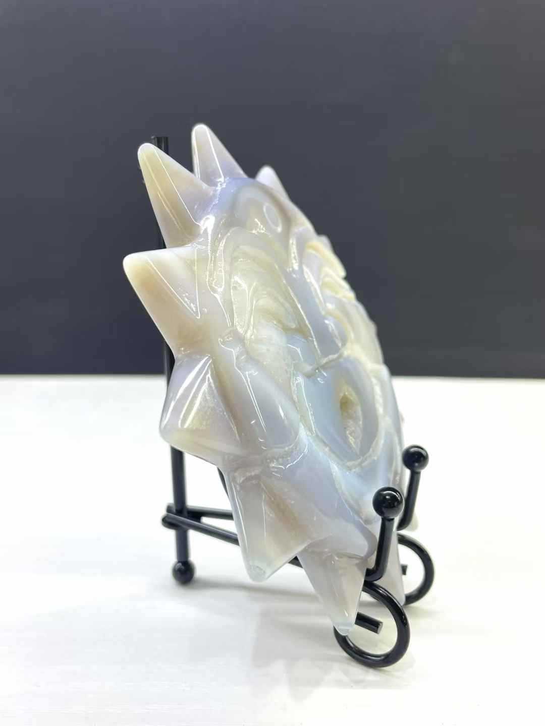 1pc Natural Geode Agate Quartz Carved Sun Crystal Skull Reiki Decor Gift+Stand