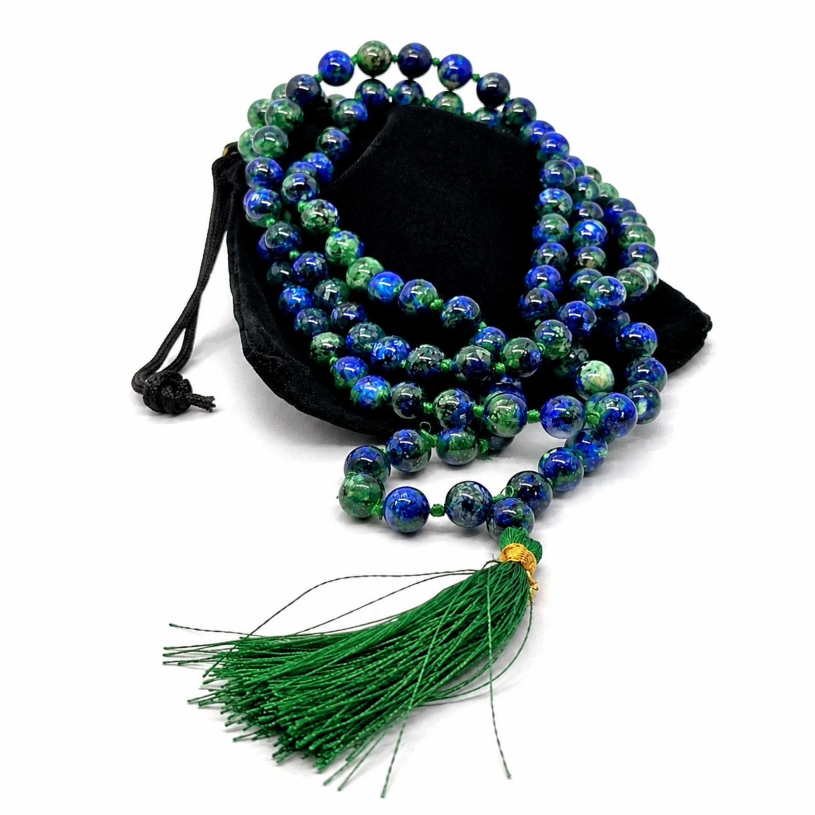 Chrysocolla Bead Necklace 43 Inch Knotted 8mm Gemstone Strand Tassel & Bag