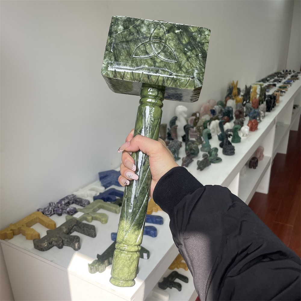 8.8LB 15.7″Natural Large Xiuyan Jade Hammer Carving Crystal Quartz Reiki Statue