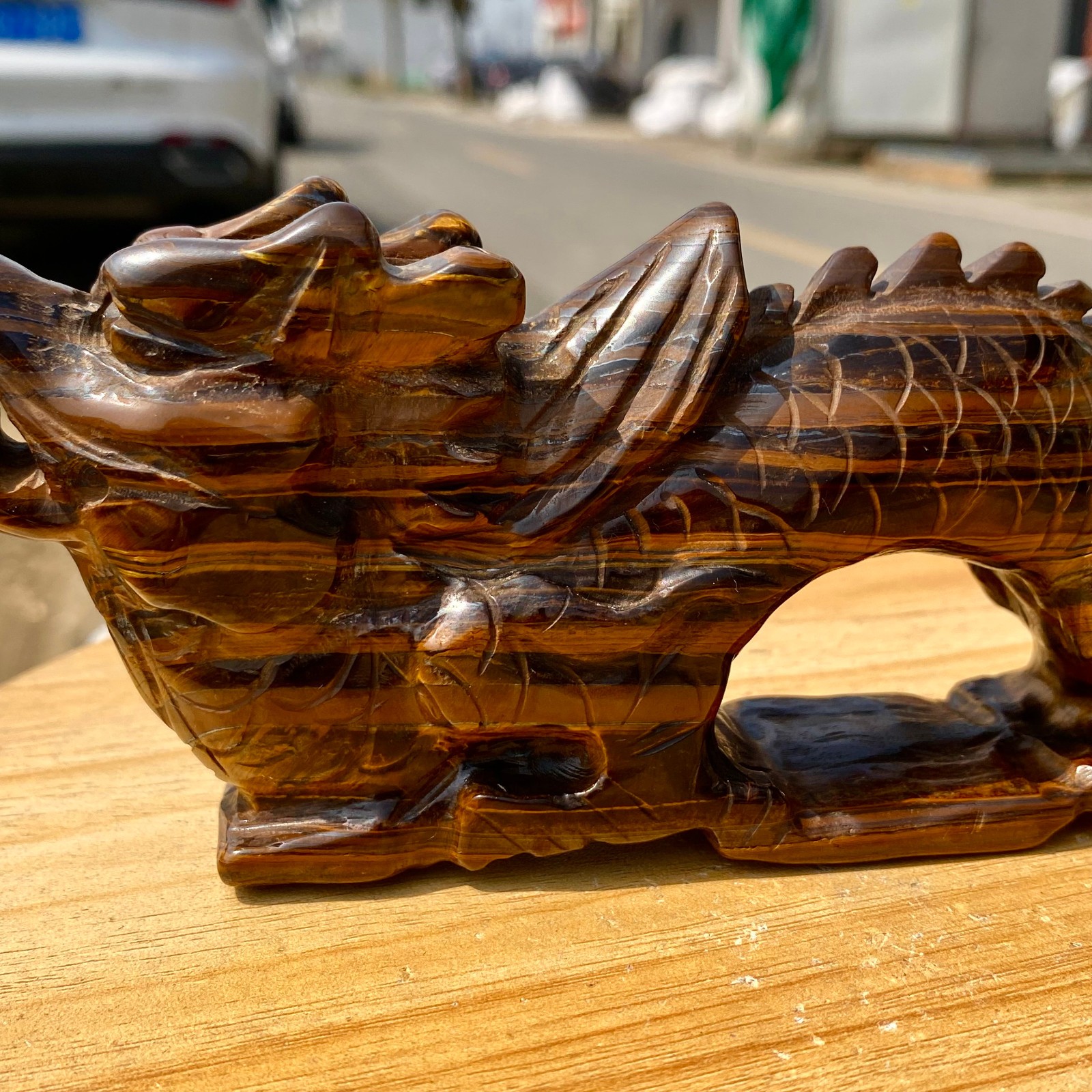 495G Natural Tiger Eye Hand Carved Dragon Figurine Crystal Healing Stone