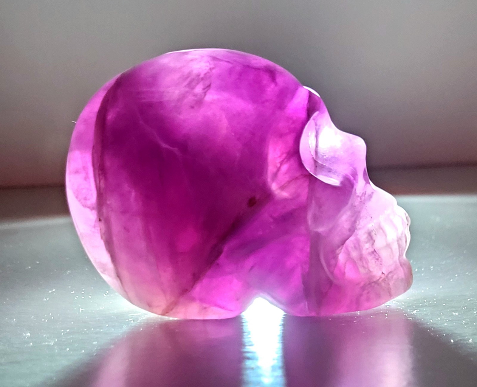 Purple Flourite Human Skull Carving Natural Crystal UV Reactive 439.8g, 0.9lbs