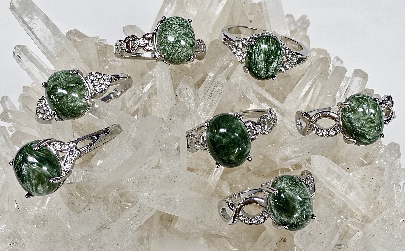 Wholesale 7 Pcs Natural Seraphinite Stainless Steel(316) Rings Crystal 8x10mm