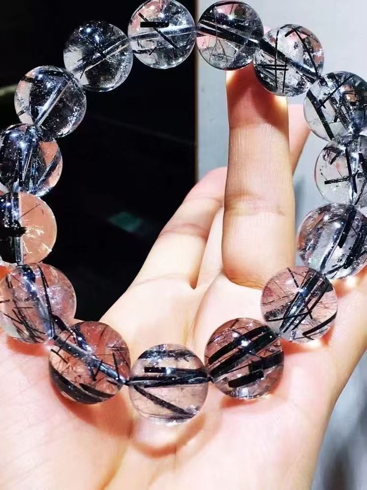 Natural Black Hair Rutilated Quartz Crystal Round Bead Bracelet 15mm AAAAAA