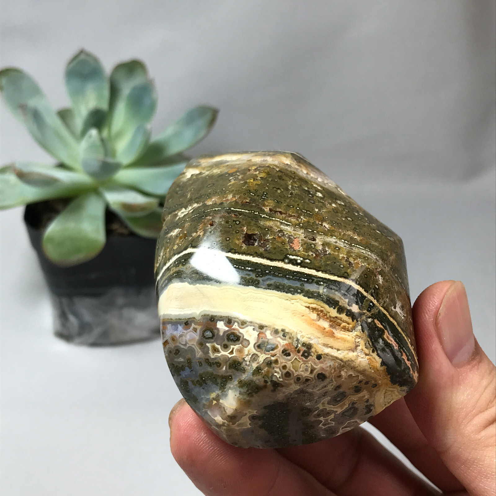 Natural Ocean Jasper torch Hand carve polish Crystal free standing 262g g6634