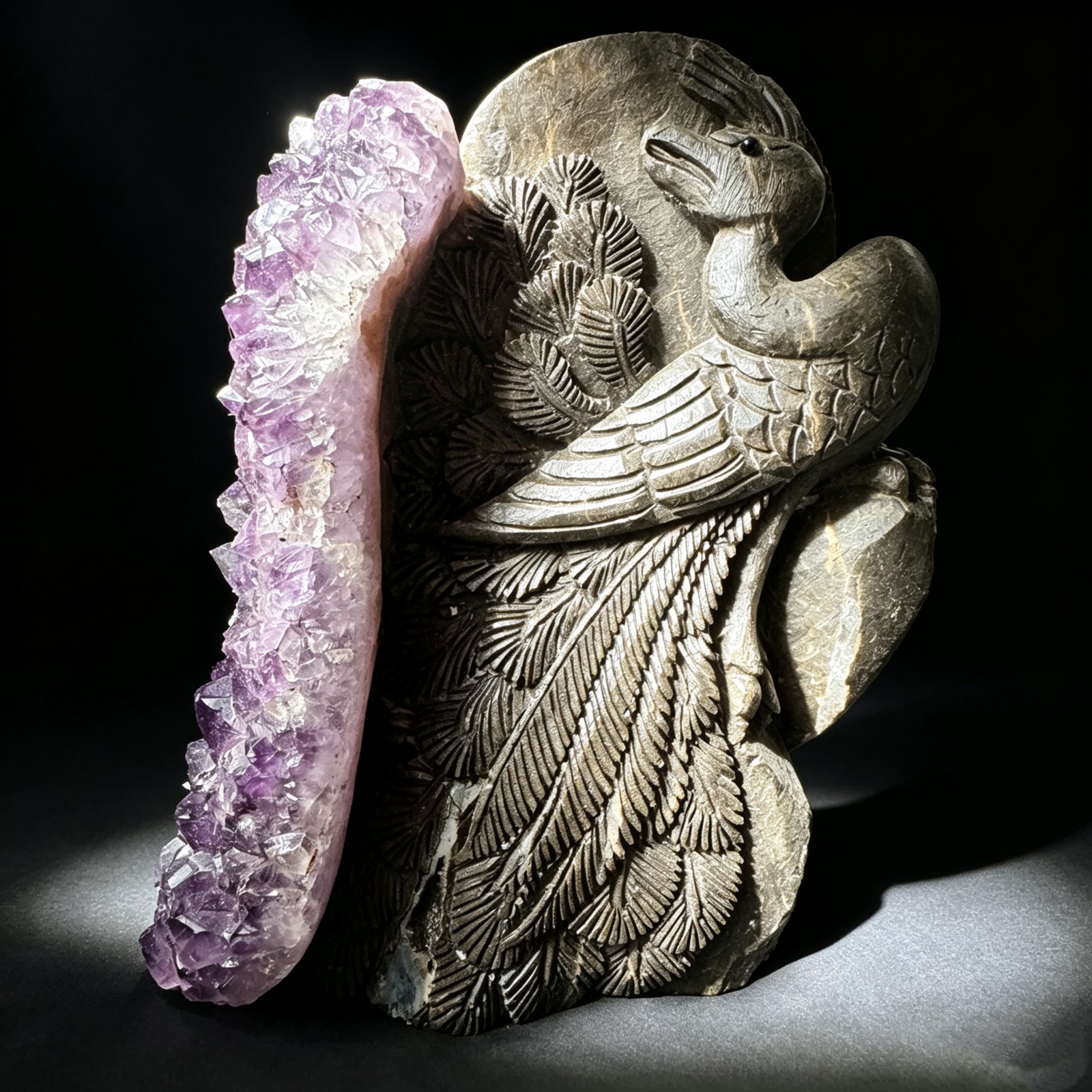 Hand Carved Natural Amethyst Cluster Peacock Sculpture | office desk luxury Gift