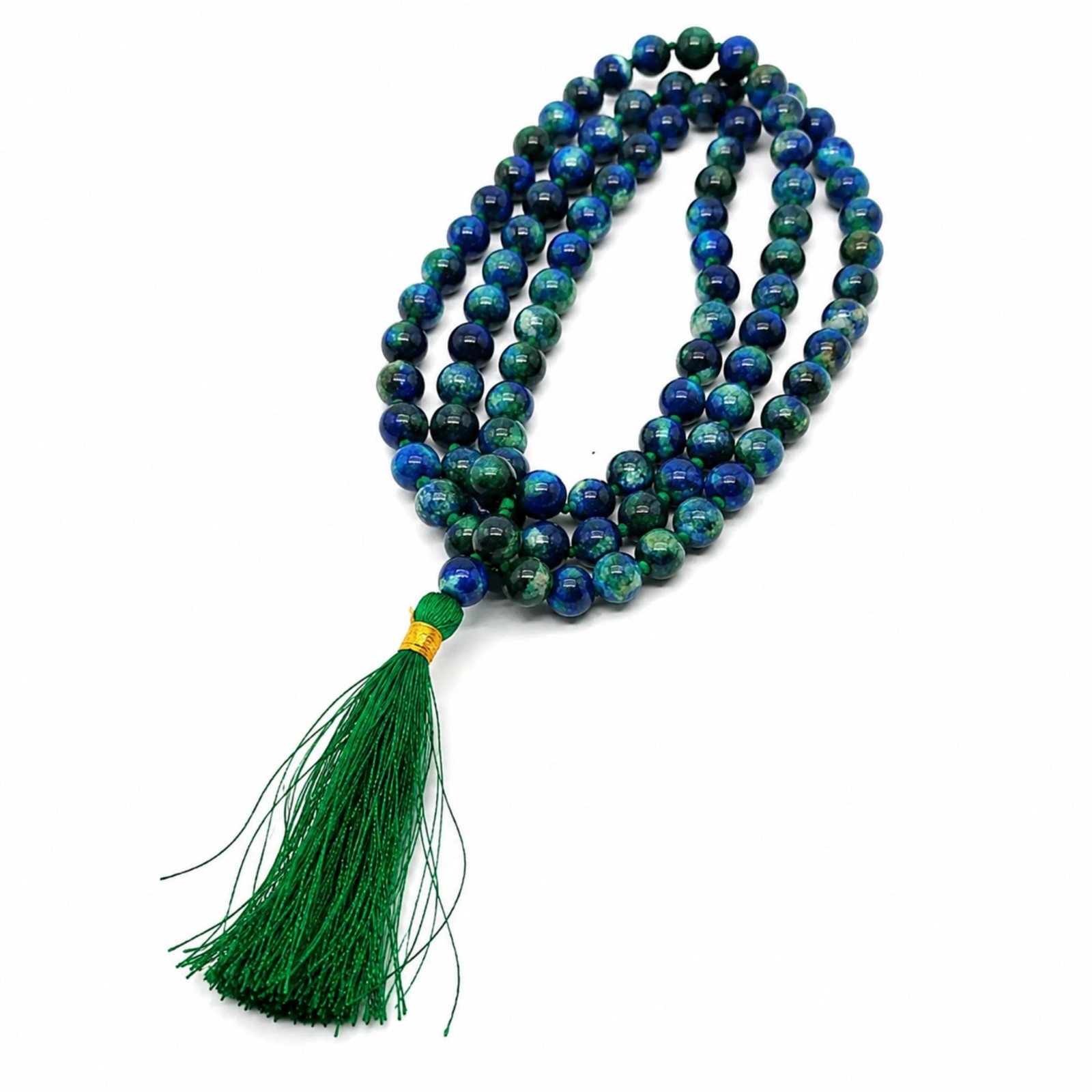 Chrysocolla Bead Necklace 43 Inch Knotted 8mm Gemstone Strand Tassel & Bag