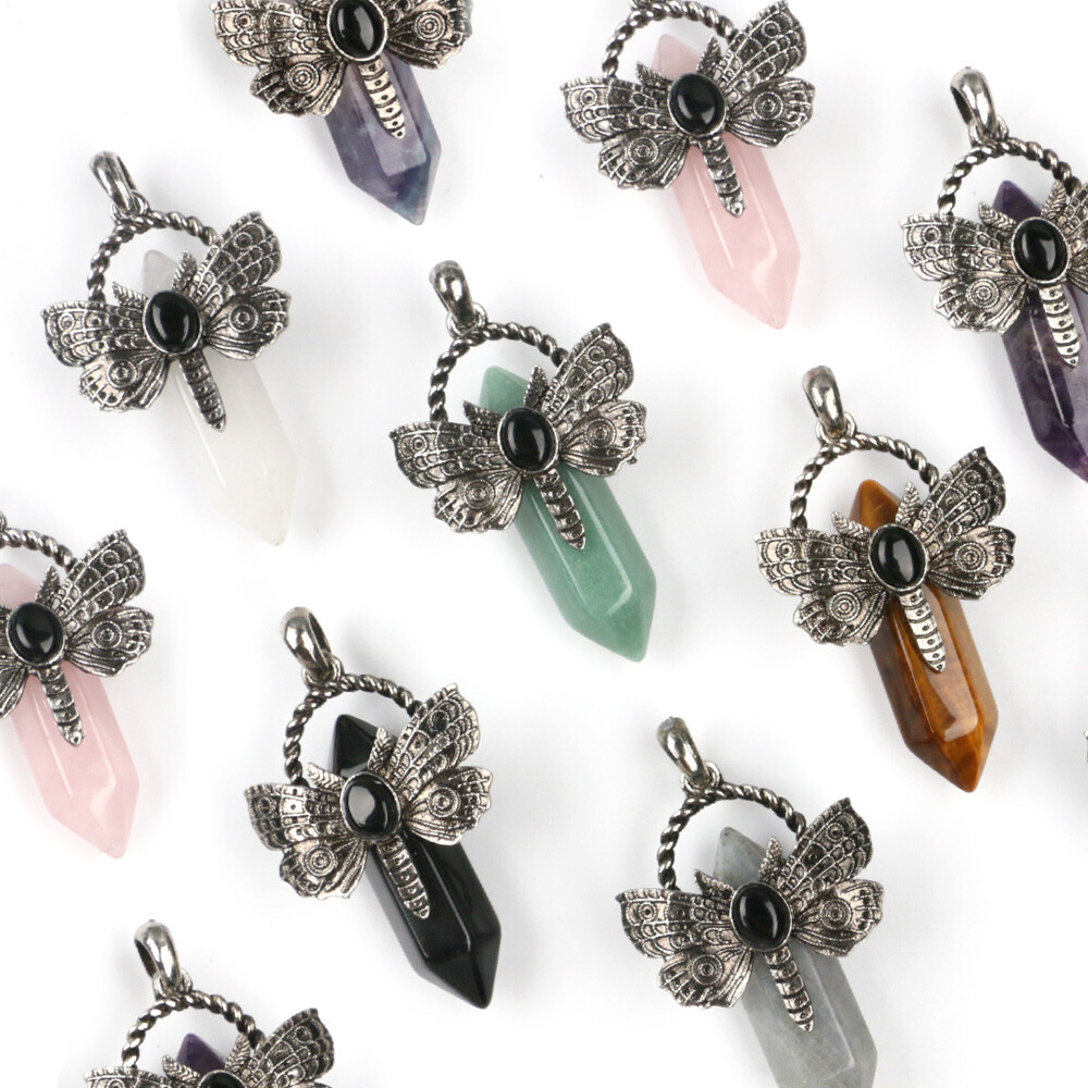 1pc Chakra Crystal Moth Dragonfly Pendants Obsidian Bead Gemstone Point Wand DIY