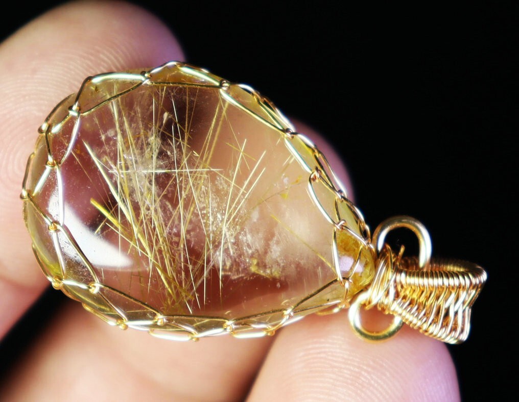 Natural Clear Golden Sun Rutilated Titanium Quartz Crystal Stone Pendant Healing